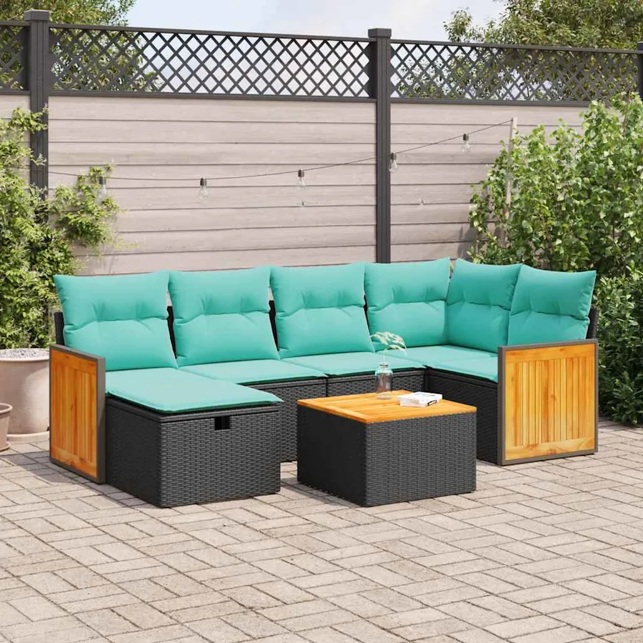 Salon de jardin 7 pcs avec coussins noir résine tressée 55 x 62 x 69 cm - 61,6 kg