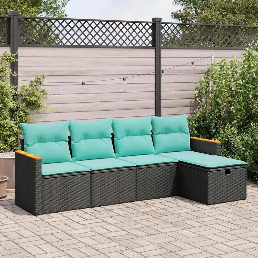 Salon de jardin 5 pcs avec coussins noir résine tressée