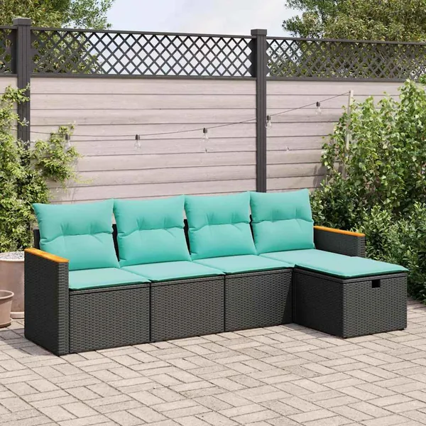 Salon de jardin 5 pcs avec coussins noir résine tressée