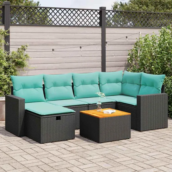 Salon de jardin 7 pcs avec coussins noir résine tressée 55 x 62 x 69 cm - 59,0 kg