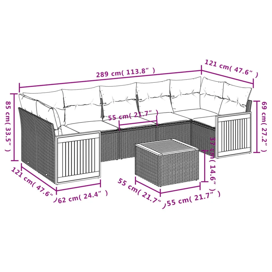 Salon de jardin avec coussins 8 pcs beige résine tressée - 8