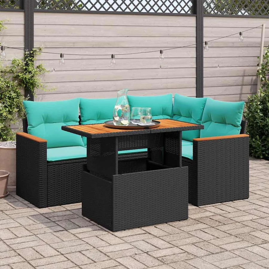 Salon de jardin 5 pcs avec coussins noir résine tressée