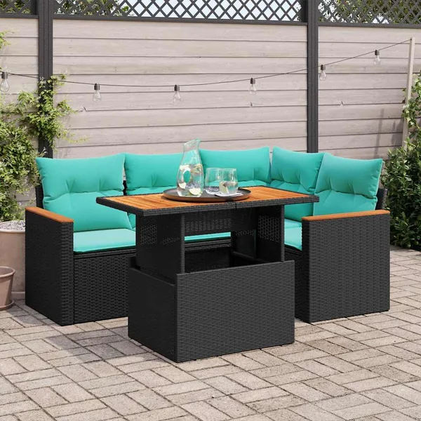 Salon de jardin 5 pcs avec coussins noir résine tressée