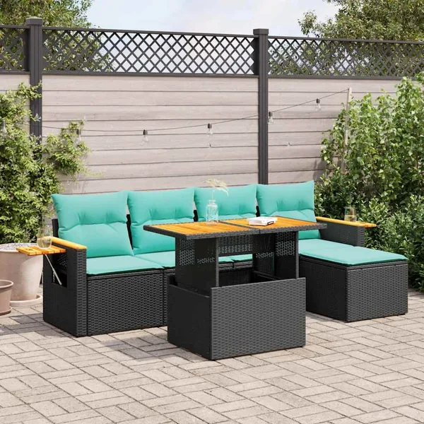 Salon de jardin 6 pcs avec coussins noir résine tressée acacia