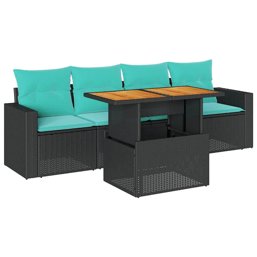 Salon de jardin 5 pcs avec coussins noir résine tressée - 2