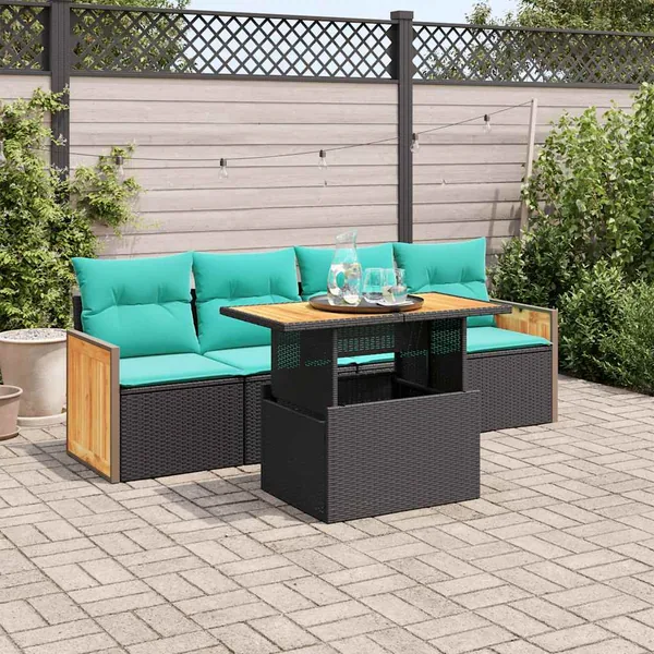 Salon de jardin 5 pcs avec coussins noir résine tressée acacia