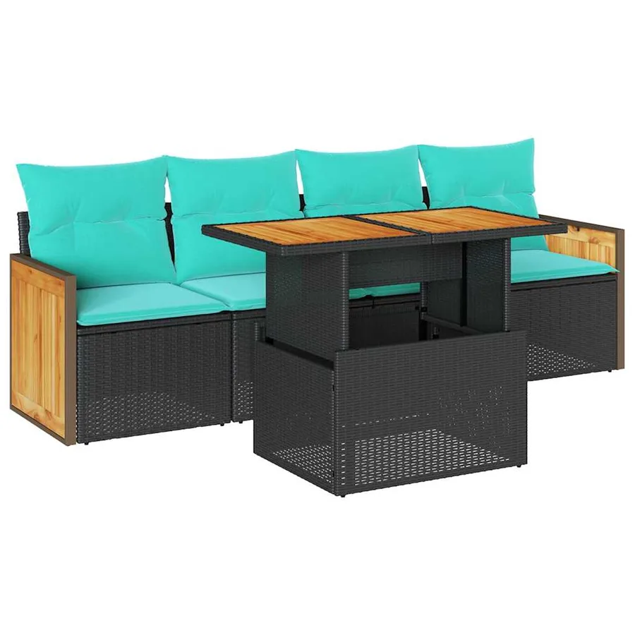Salon de jardin 5 pcs avec coussins noir résine tressée acacia - 2