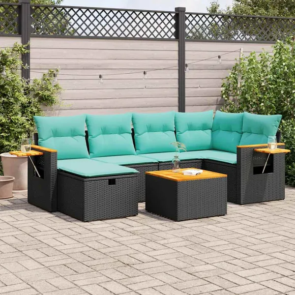 Salon de jardin 7 pcs avec coussins noir résine tressée 55 x 62 x 69 cm - 61,6 kg
