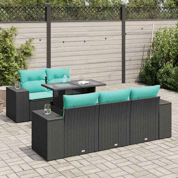 Salon de jardin 6 pcs avec coussins noir résine tressée acacia