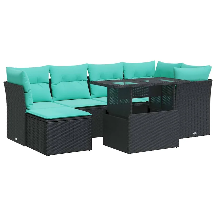 Salon de jardin avec coussins 7 pcs noir résine tressée acacia - 2