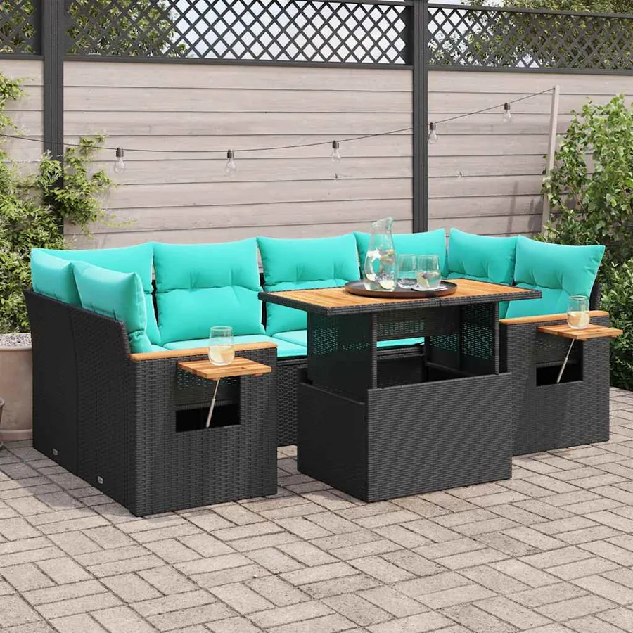 Salon de jardin 7 pcs avec coussins noir résine tressée 55 x 62 x 69 cm - 70,8 kg