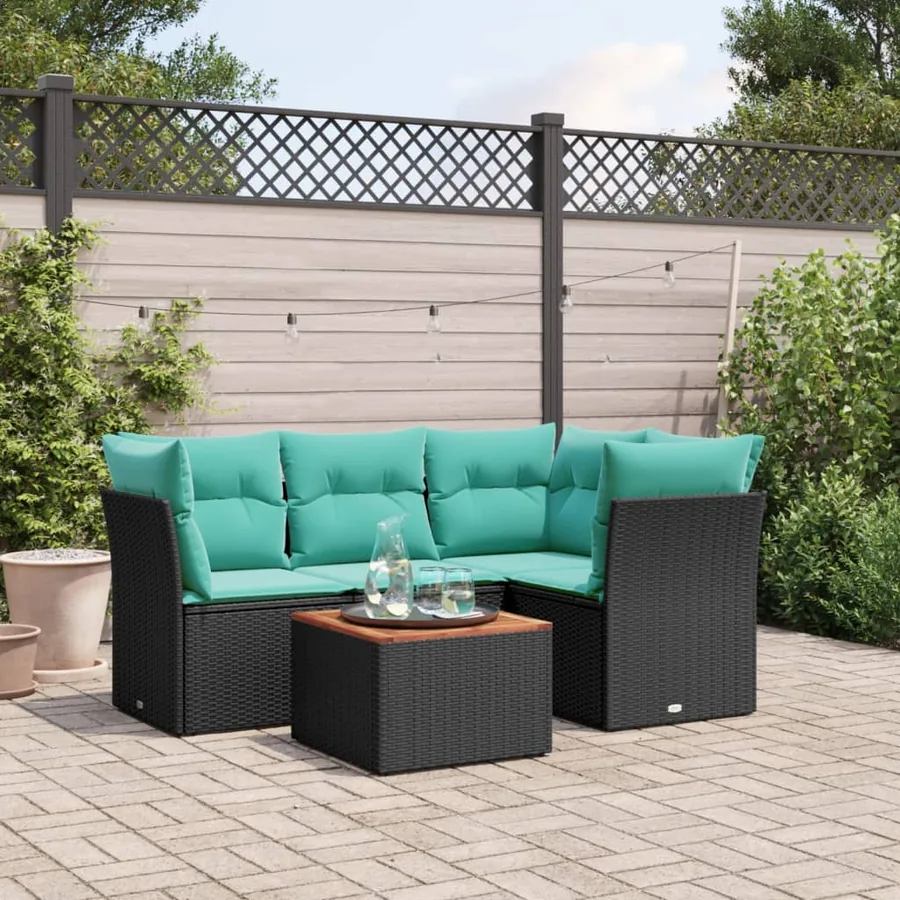 Salon de jardin 5 pcs avec coussins noir résine tressée