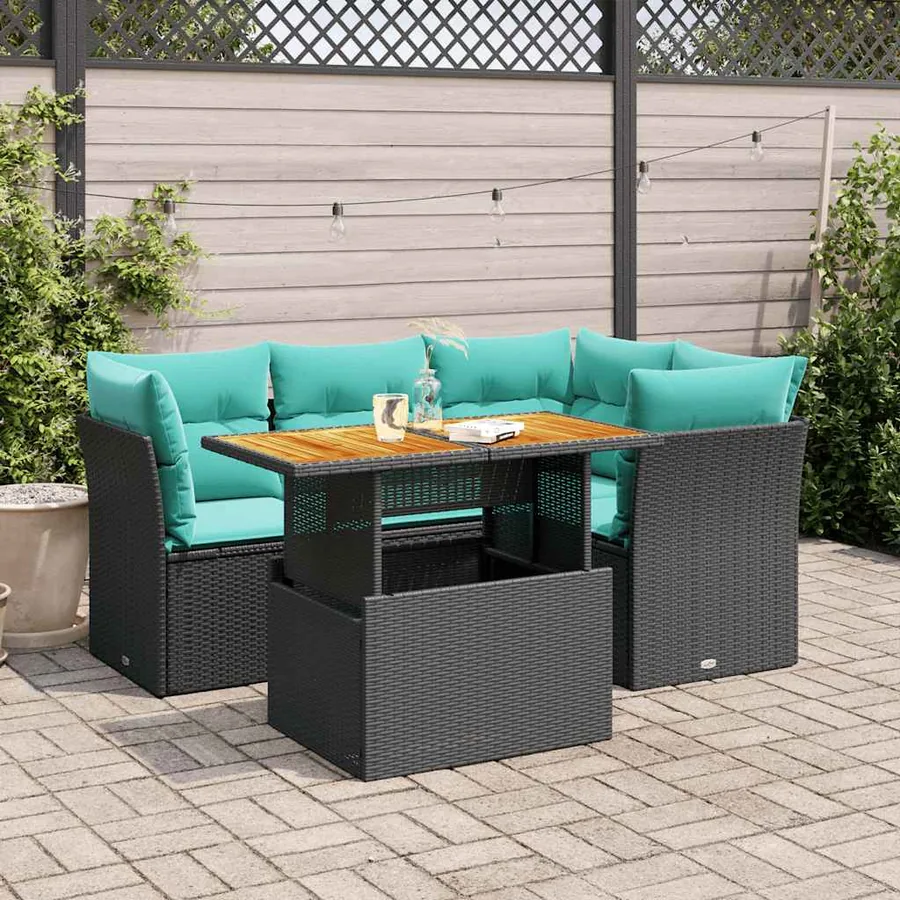 Salon de jardin 5 pcs avec coussins noir résine tressée