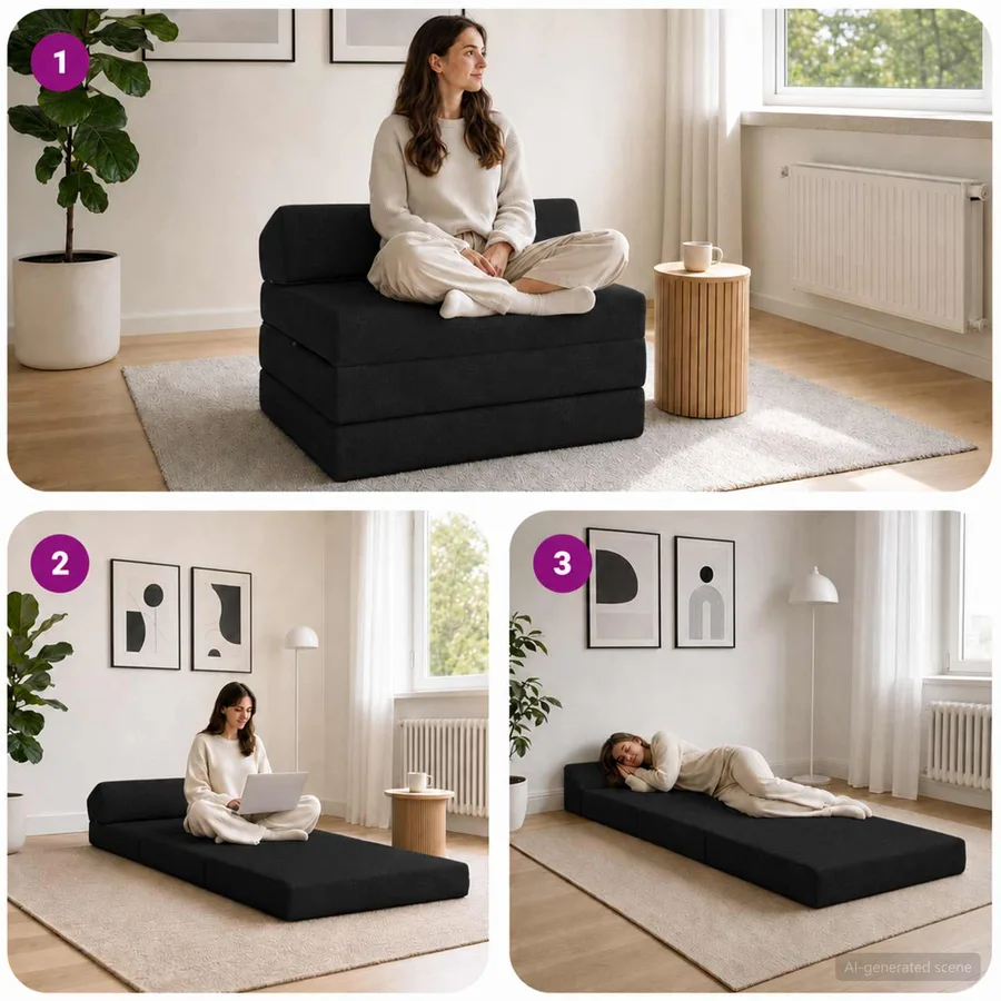 Canapé-lit pliable Noir 200 x 70 x 10 cm Tissu - 7