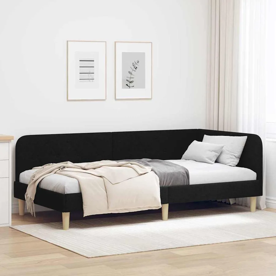 Cadre de lit d'angle Noir 90 x 190 cm tissu