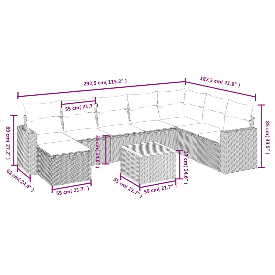 Salon de jardin avec coussins 9 pcs beige résine tressée - 4