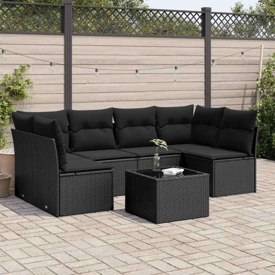 Salon de jardin 7 pcs avec coussins noir résine tressée 62 x 62 x 69 cm - 54,7 kg