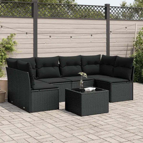 Salon de jardin 7 pcs avec coussins noir résine tressée 62 x 62 x 69 cm - 54,7 kg