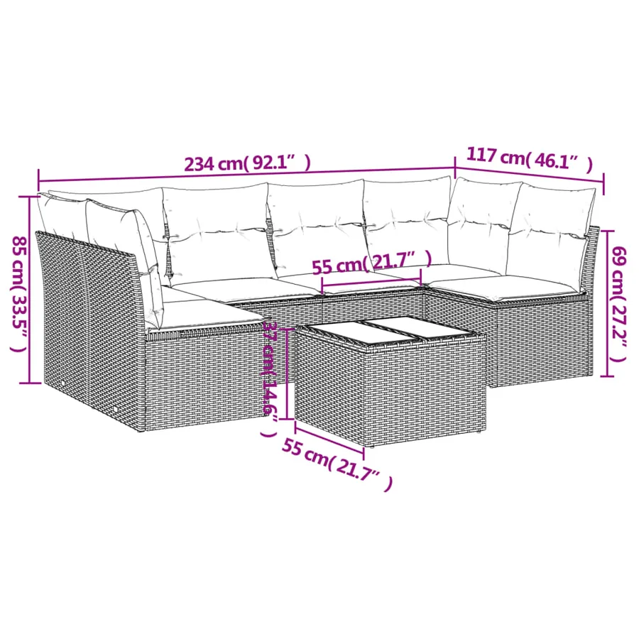 Salon de jardin 7 pcs avec coussins noir résine tressée 62 x 62 x 69 cm - 54,7 kg - 3