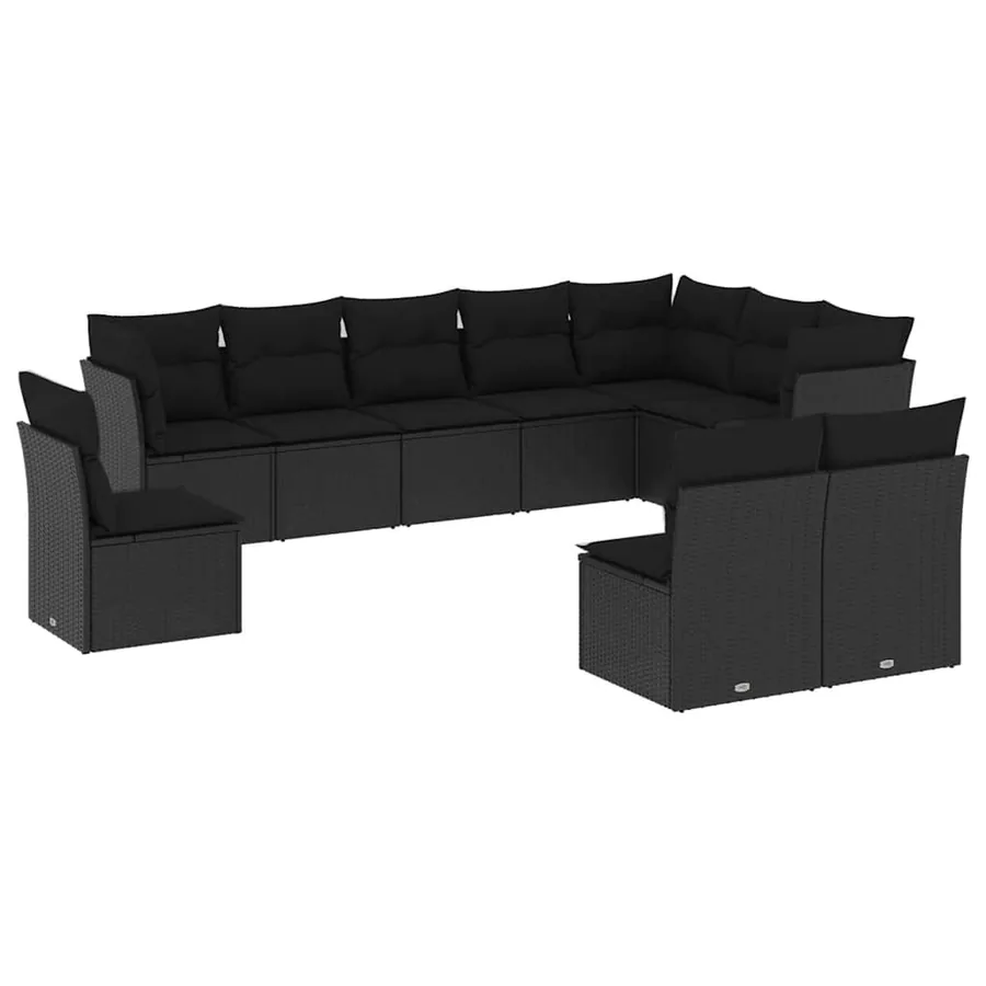 Salon de jardin 10 pcs avec coussins noir résine tressée - 2
