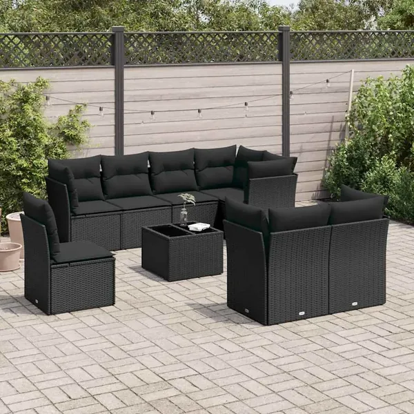 Salon de jardin 9 pcs avec coussins noir résine tressée