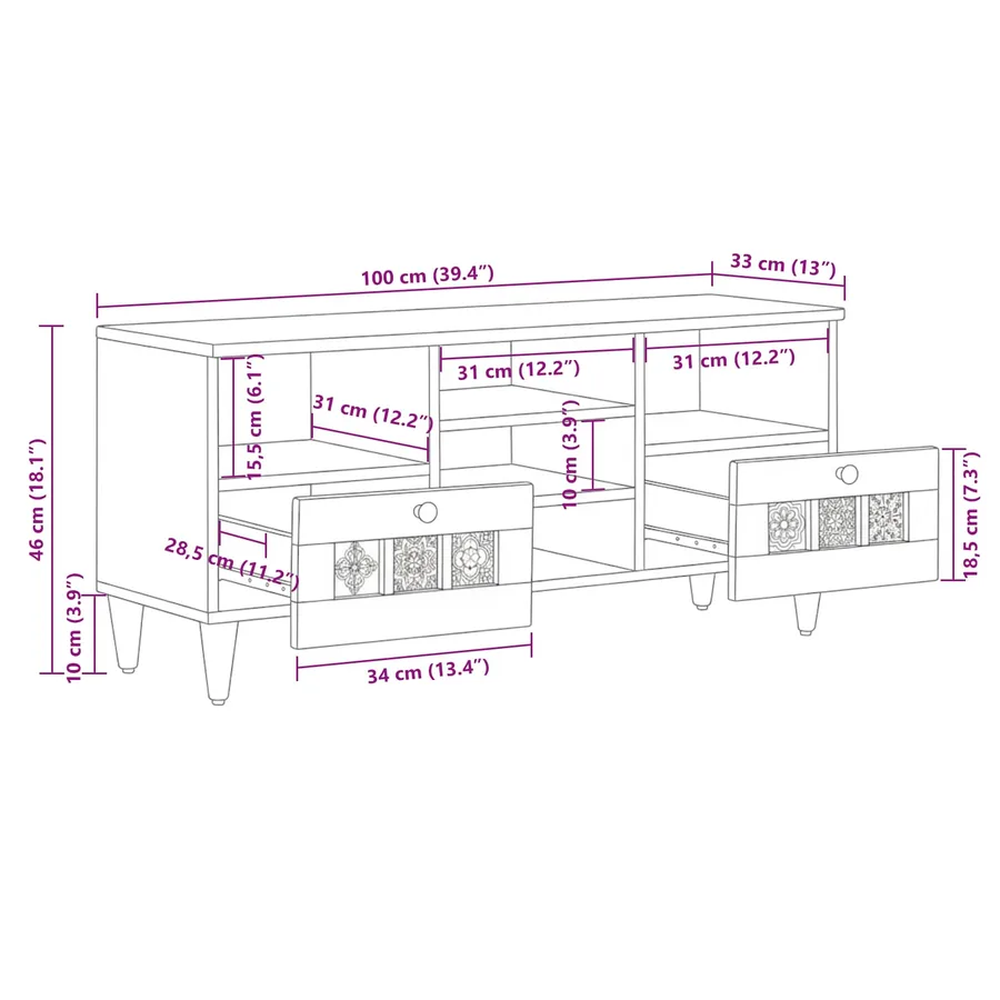 Meuble TV Noyer 100 x 33 x 46 cm Bois de mangue massif - 12