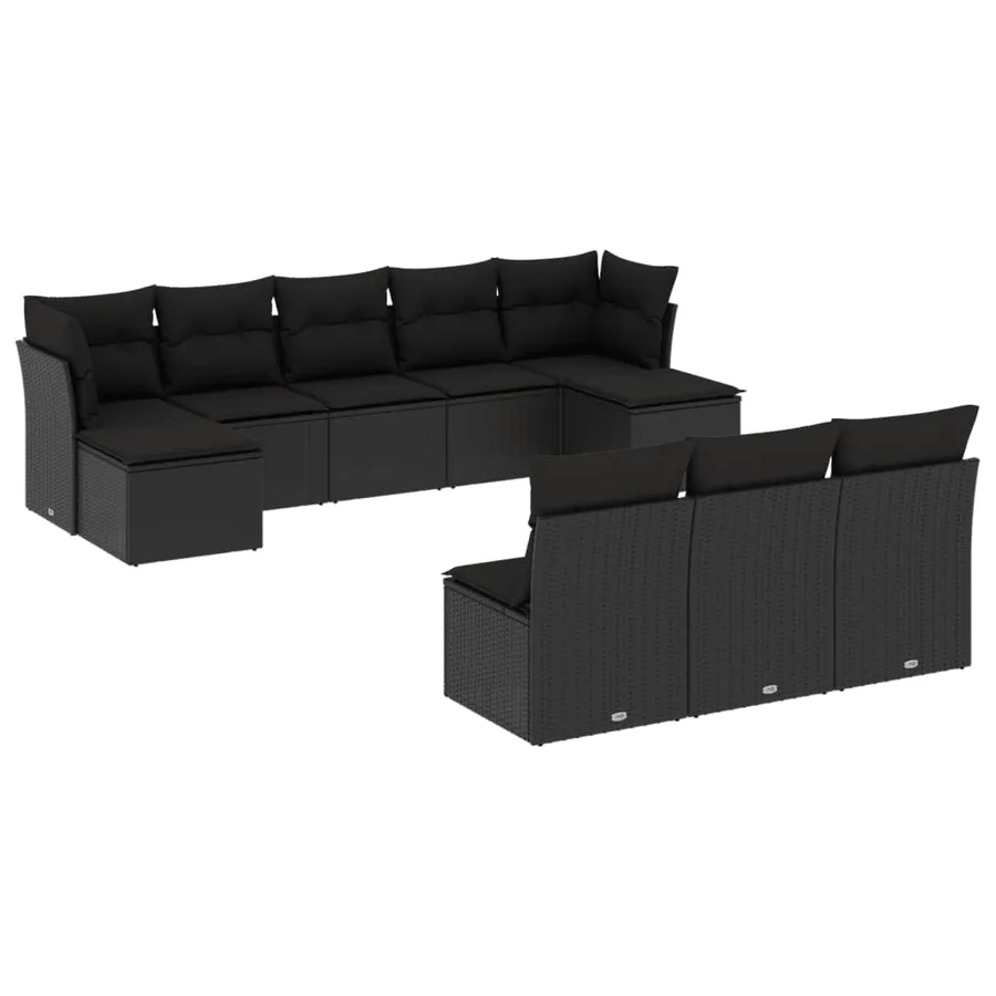 Salon de jardin 10 pcs avec coussins noir résine tressée - 2