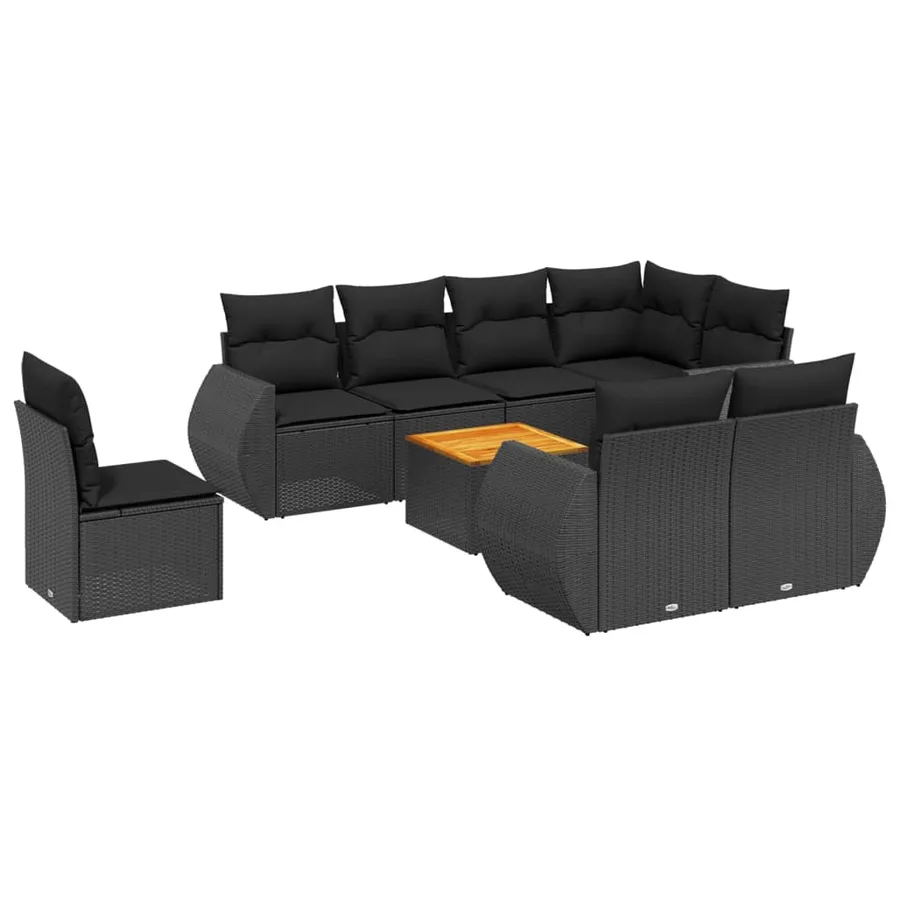 Salon de jardin 9 pcs avec coussins noir résine tressée - 2