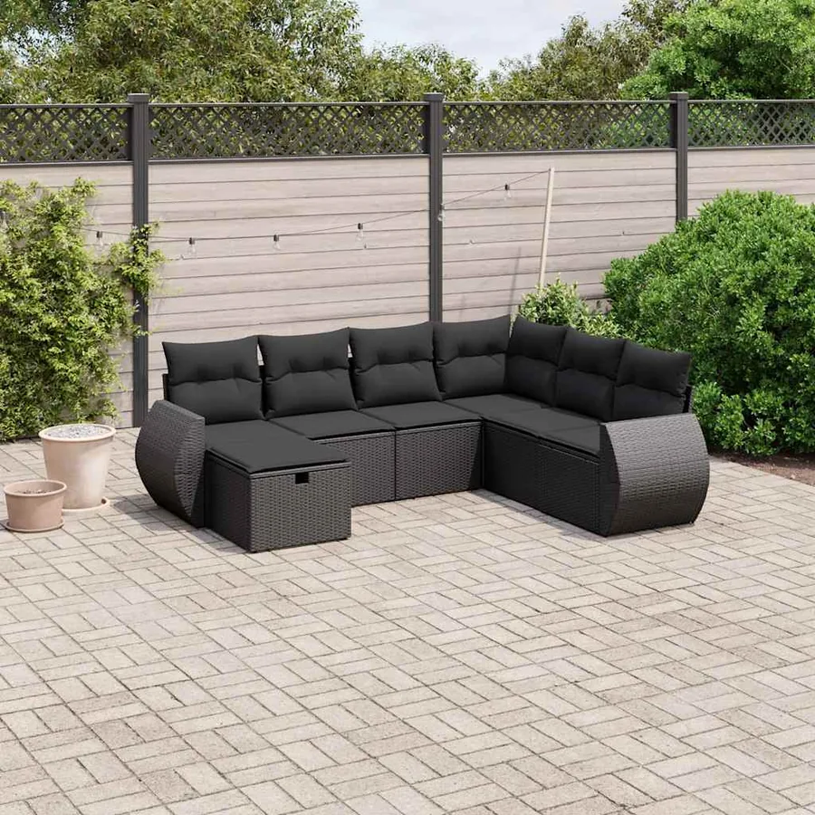 Salon de jardin 7 pcs avec coussins noir résine tressée 62 x 62 x 69 cm - 54,7 kg