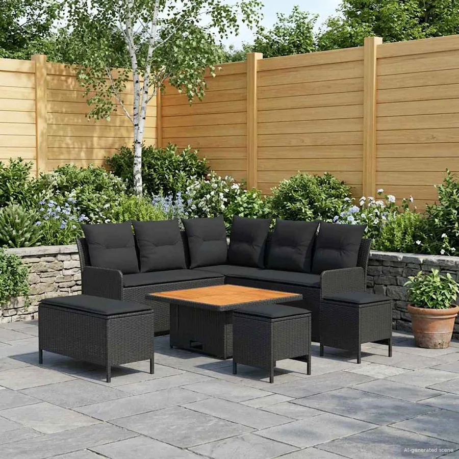Ensembles de meubles avec oreiller 7 pcs Noir Rotin PE