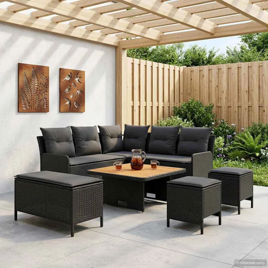 Ensembles de meubles avec oreiller 7 pcs Noir Rotin PE - 3