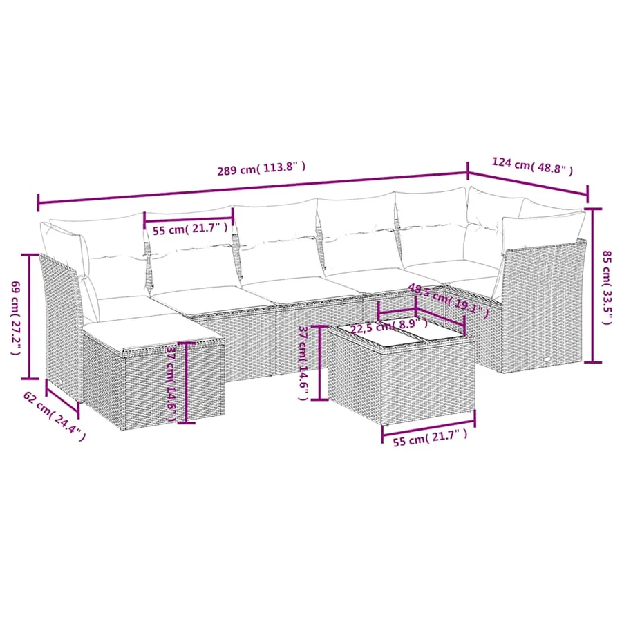 Salon de jardin 8 pcs avec coussins noir résine tressée - 4