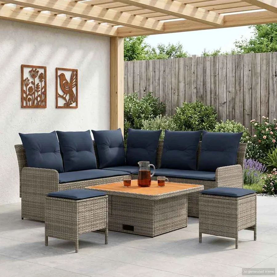 Ensembles de meubles 6 pcs Gris et bleu marine Rotin PE