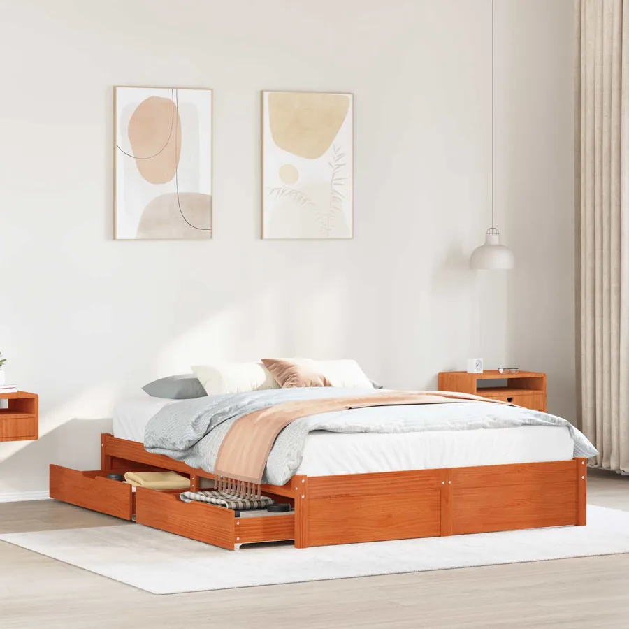Cadre de lit avec tiroir 3 pcs Cire marron Bois de Pin Massif