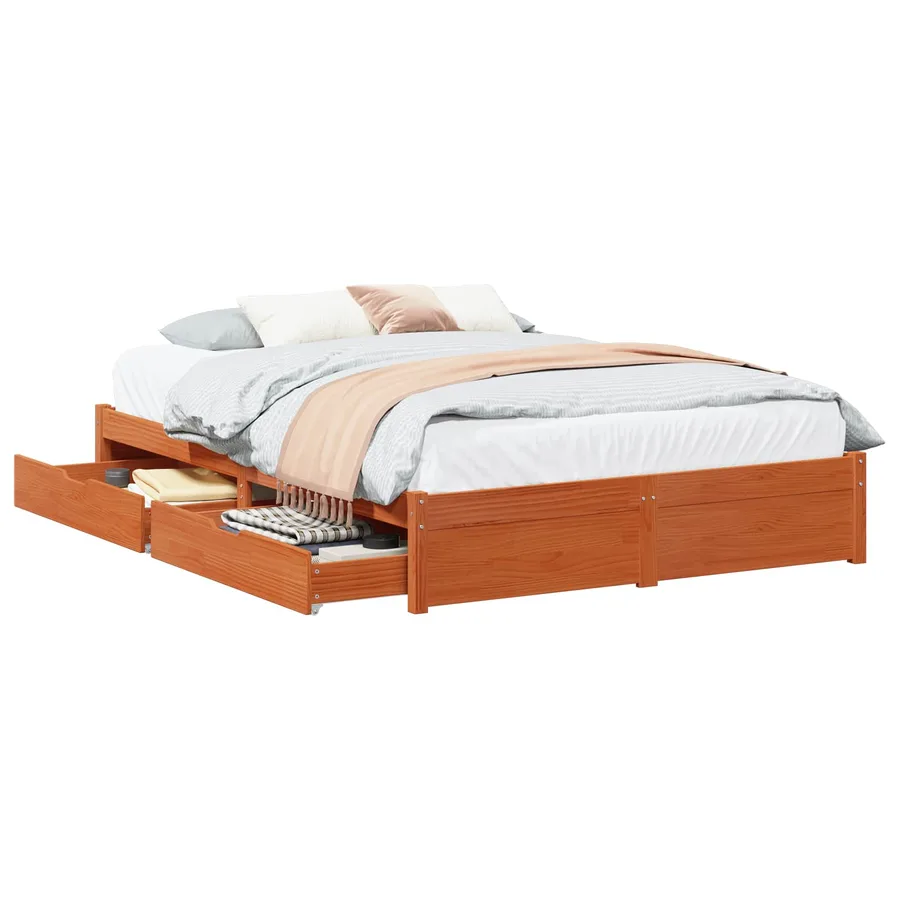 Cadre de lit avec tiroir 3 pcs Cire marron Bois de Pin Massif - 2