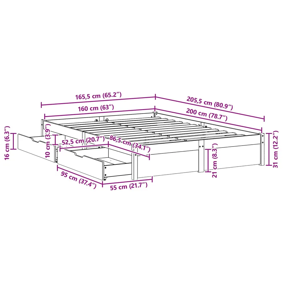 Cadre de lit avec tiroir 3 pcs Cire marron Bois de Pin Massif - 8