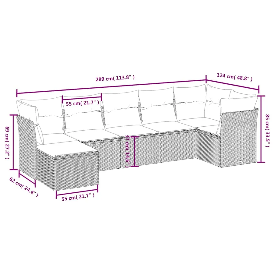 Salon de jardin 7 pcs avec coussins noir résine tressée 62 x 62 x 69 cm - 55,2 kg - 4