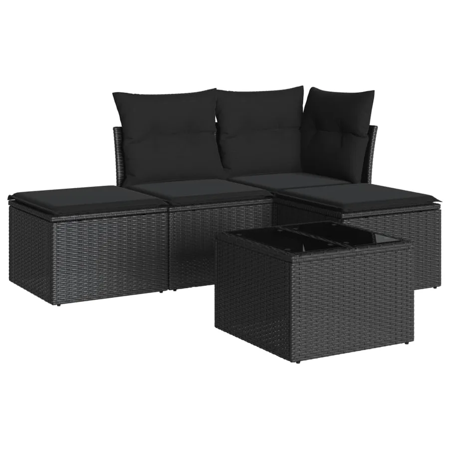 Salon de jardin 5 pcs avec coussins noir résine tressée - 2
