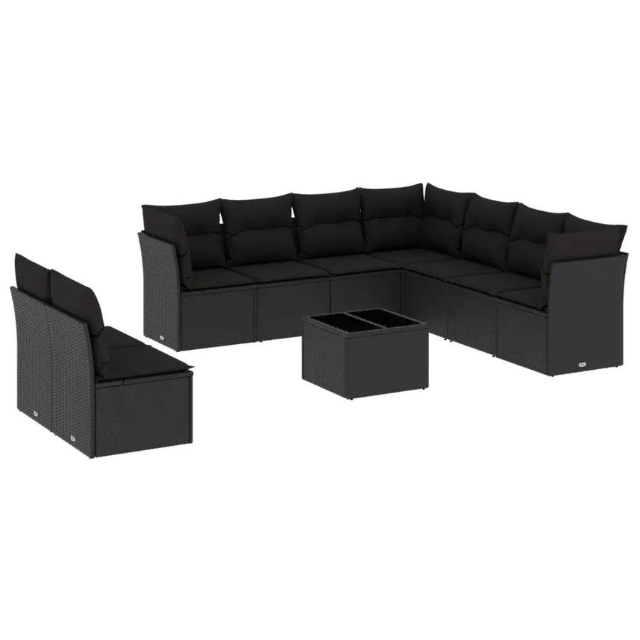 Salon de jardin 10 pcs avec coussins noir résine tressée - 2