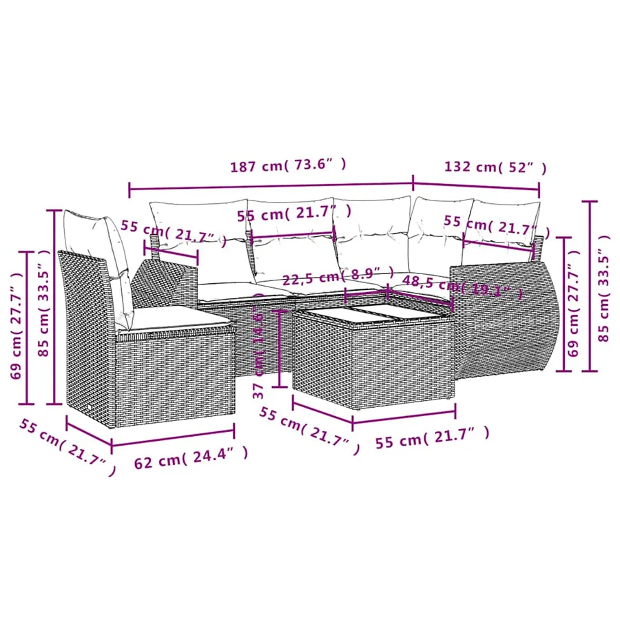 Salon de jardin 6 pcs avec coussins noir résine tressée - 8
