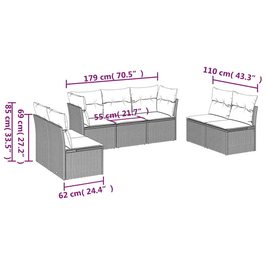 Salon de jardin 7 pcs avec coussins noir résine tressée 62 x 62 x 69 cm - 54,7 kg - 3