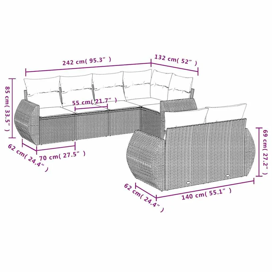 Salon de jardin 7 pcs avec coussins noir résine tressée 62 x 62 x 69 cm - 61,4 kg - 7