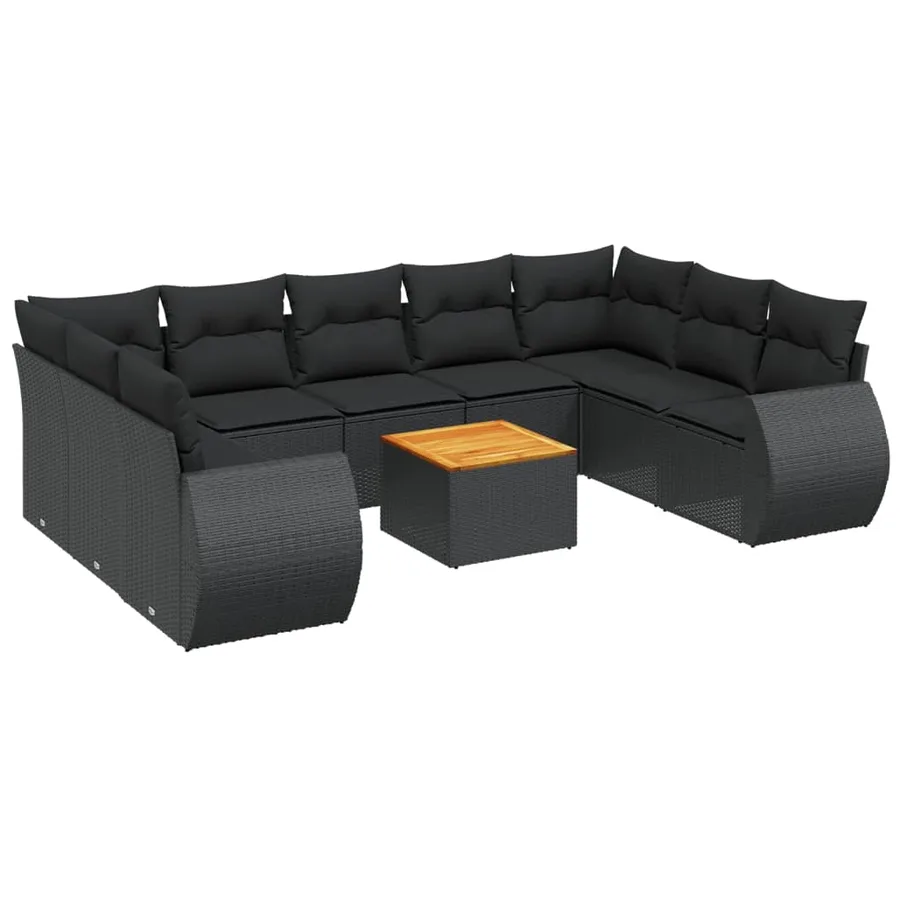 Salon de jardin 10 pcs avec coussins noir résine tressée - 2