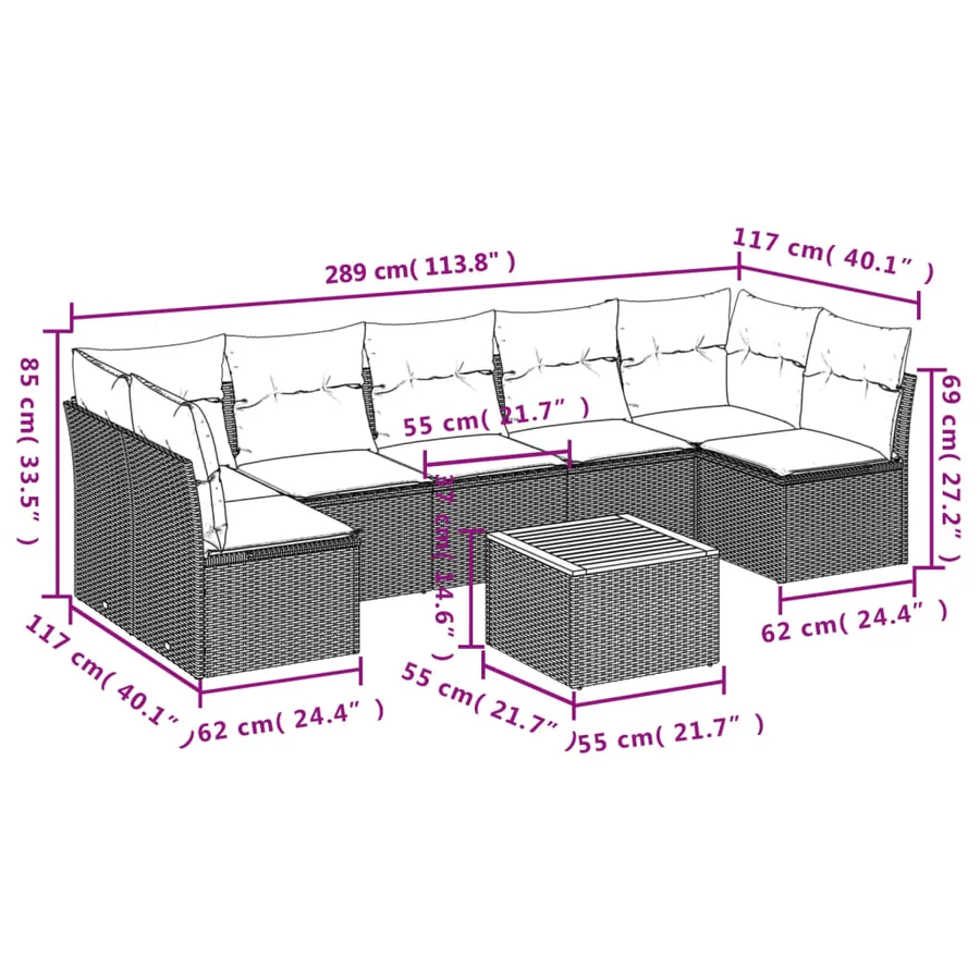 Salon de jardin 8 pcs avec coussins noir résine tressée - 3