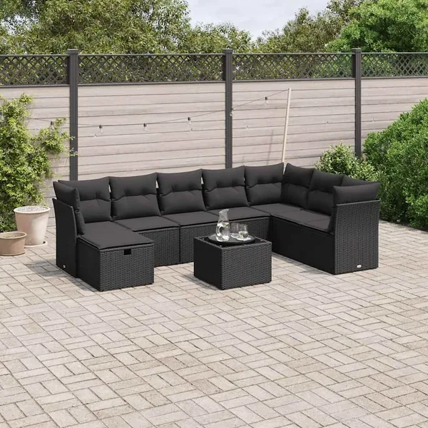 Salon de jardin 9 pcs avec coussins noir résine tressée