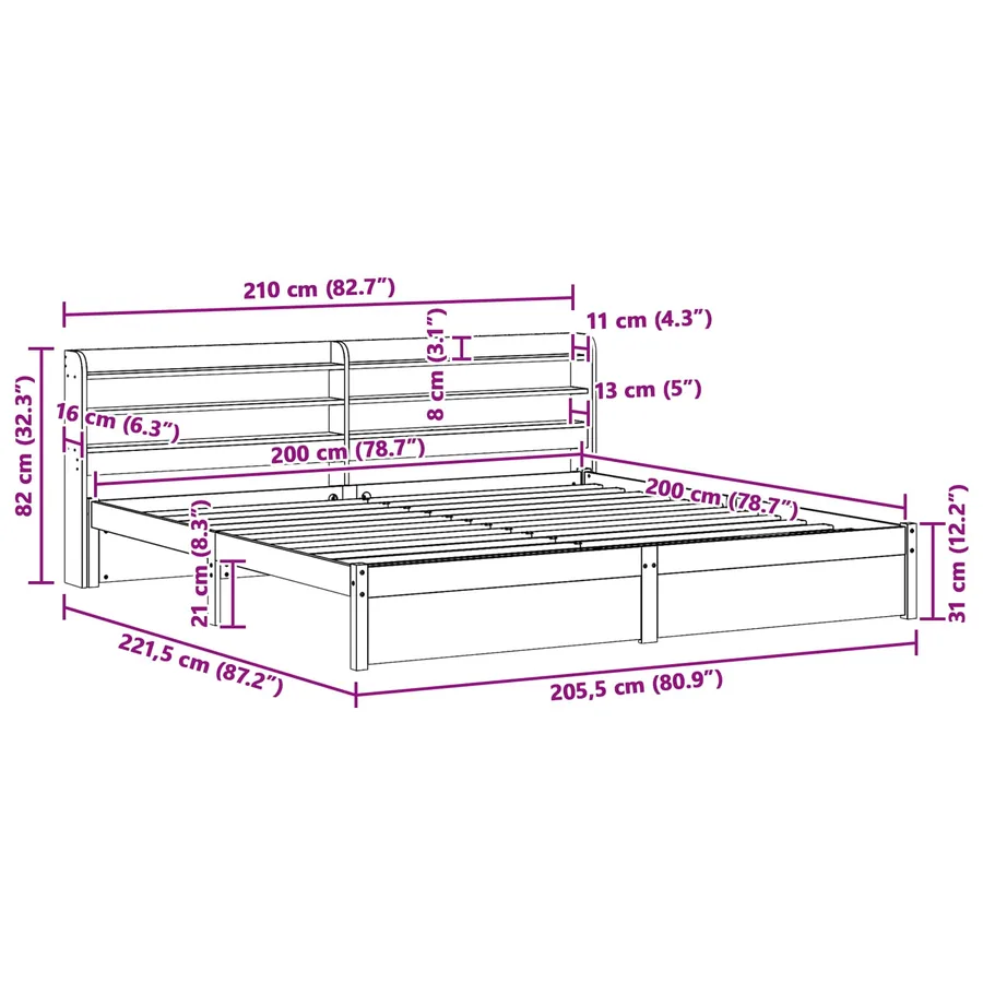 Cadre de lit Cire marron 200 x 200 cm Bois de Pin Massif - 12