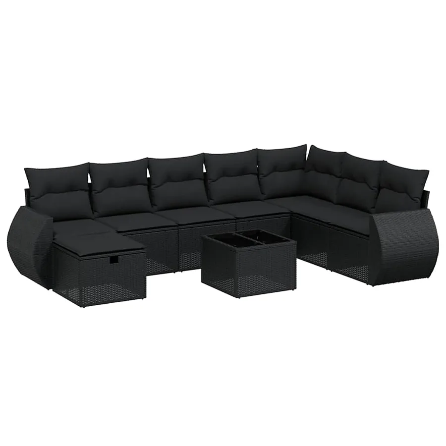 Salon de jardin 9 pcs avec coussins noir résine tressée - 2