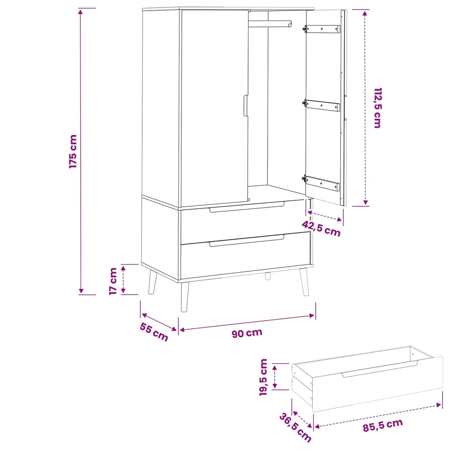 Armoire MOLDE Noir 90 x 55 x 175 cm Bois de pin massif - 8