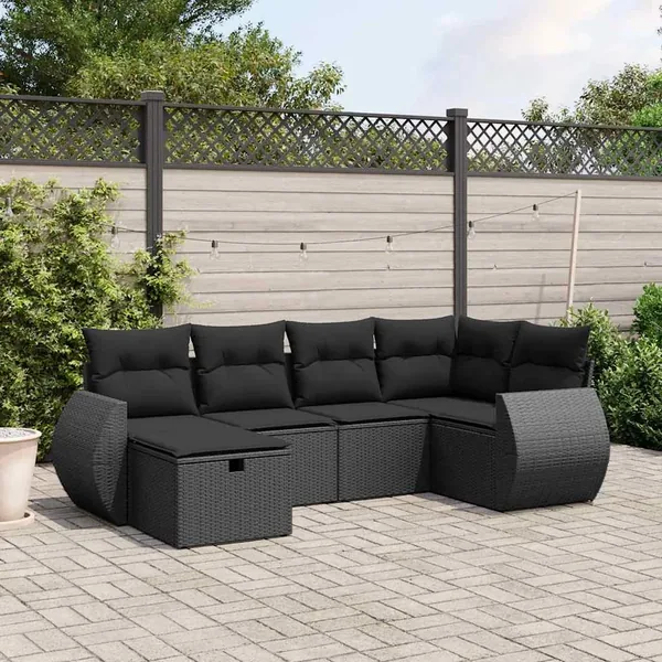 Salon de jardin 6 pcs avec coussins noir résine tressée