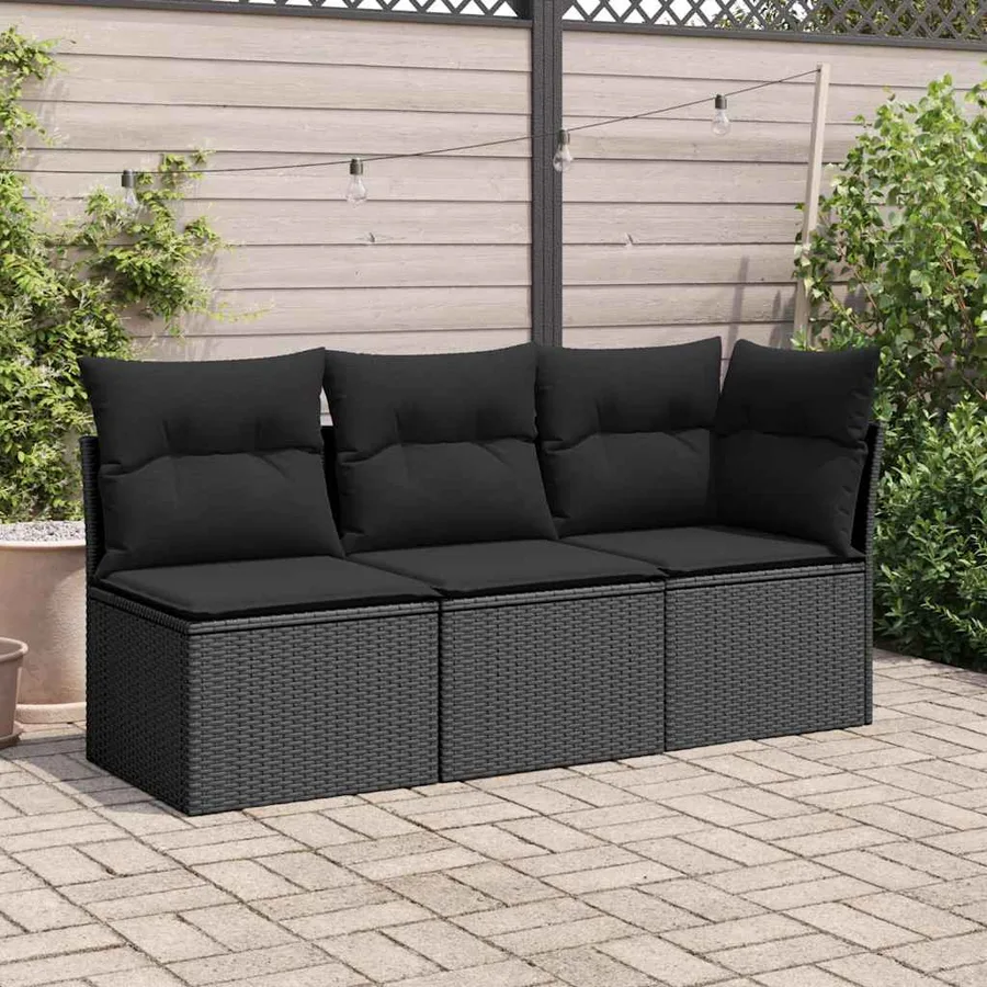 Canapé de jardin sans accoudoirs avec coussins en polyrotin noir - 3
